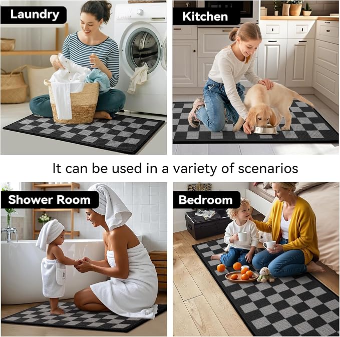 YDKGL Kitchen Runner Rugs Non Slip Washable, Super Absorbent Kitchen Mats for Floor, Linen-Look Woven Sink Mat Standing Mat, Easy Clean, Black Gray Checkered 17"x59"