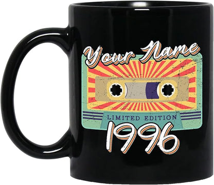 Personalized Vintage Cassette Tape Vintage 1996 Mug, Custom Your Name, 1996 Retro Coffee Mug, 26th Birthday Present Gifts, 1996 Birthday Gift For Friends Family, Customizable Black Tea Cups