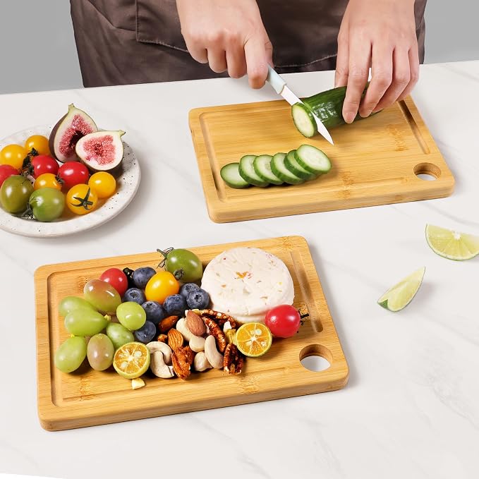 2 Pack Small Bamboo Wood Cutting Board for Kitchen 8.6" x 6" Mini Wooden Charcuterie Boards Lightweight Chopping Board Non Toxic Serving Board Tiny Chef Set Camping Fruit Lemon Sandwich Cheese Board