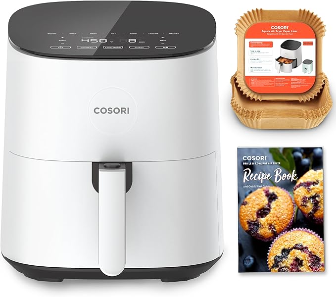 Cosori Air Fryer Pro LE 5-Qt Airfryer, With 20PCS paper liners, 10 Functions that Dry, Bake, Roast &Preheat, Shake Reminder, Up to 450℉, 85% Oil less, Compact, 130+ Recipes, Dishwasher Safe, White