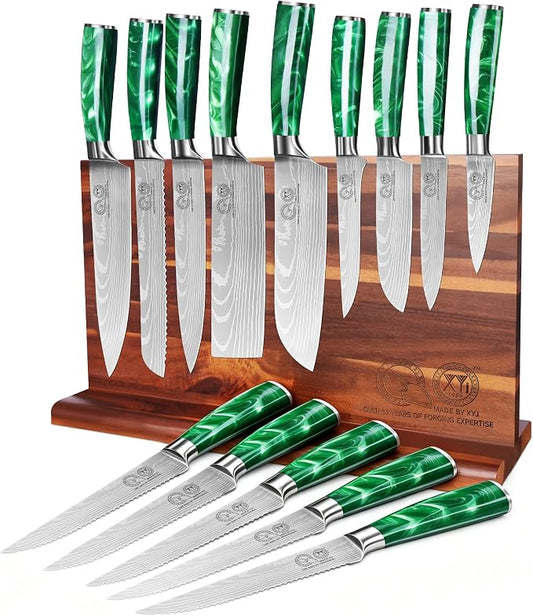 XYJ Knife Block Set,14Pcs Kitchen Knives Set with Block,Cutting Board,Sharpening Stick,Gloves,Scissors,Professional Japanese Style Paring Boning Bread Slicing Santoku Nakiri Chef Knife
