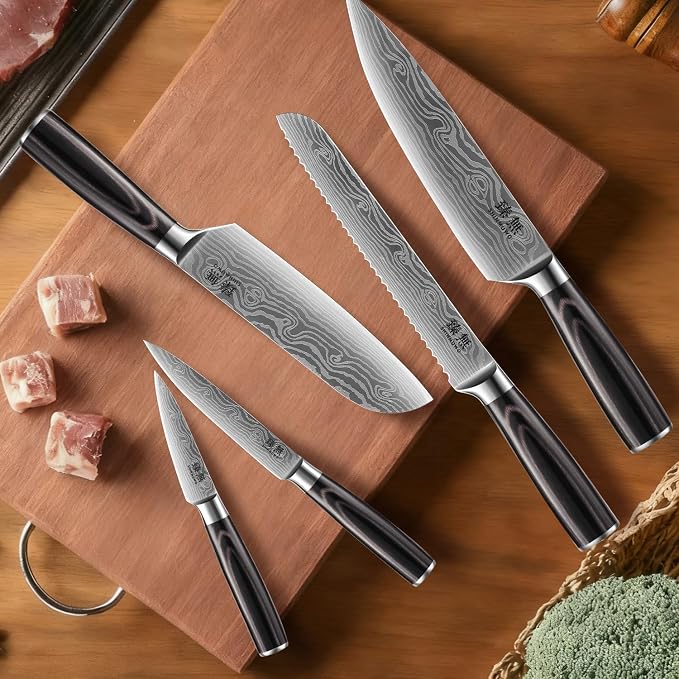 5-Piece Kitchen Knife Set, High Carbon Stainless Steel Blades with Wave Pattern, Ergonomic Pakkawood Handle - Includes 8" Chef, 8" Bread, 7" Santoku, 5" Utility & 3.5" Paring Knives