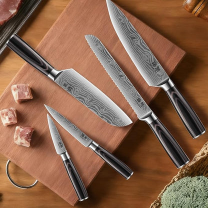 5-Piece Kitchen Knife Set, High Carbon Stainless Steel Blades with Wave Pattern, Ergonomic Pakkawood Handle - Includes 8" Chef, 8" Bread, 7" Santoku, 5" Utility & 3.5" Paring Knives
