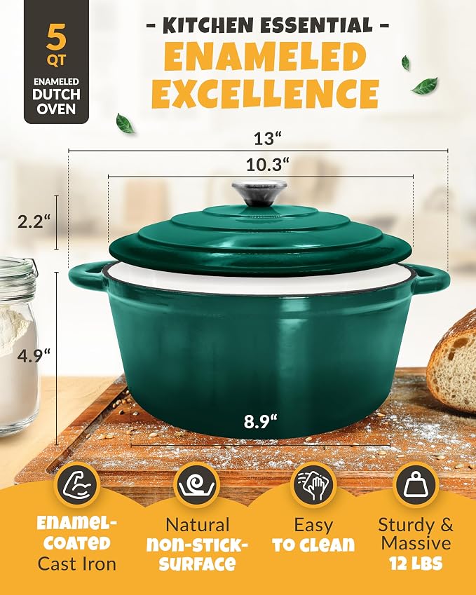 CRUSTLOVE Dutch Oven for Bread Baking - incl. Sourdough Bread-Baking Supplies like Banneton Bread-Proofing Basket - 5QT Enameled Cast Iron Bread-Oven with Lid, Baking Pan, Scoring Tool Lame