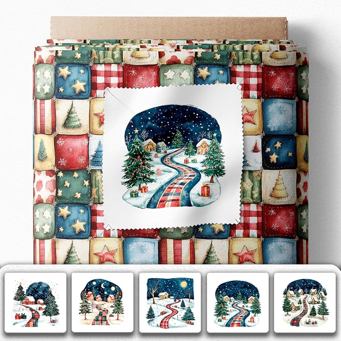 Winter Village Patchwork Cotton Fabric Panel – 6 Designs 10×10 inch + Bonus Patchwork Sheet 29.5×19.6 inch, 100% Cotton 140 GSM (USA Size)