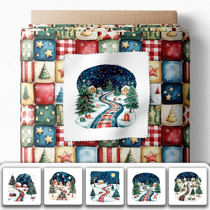 Winter Village Patchwork Cotton Fabric Panel – 6 Designs 10×10 inch + Bonus Patchwork Sheet 29.5×19.6 inch, 100% Cotton 140 GSM (USA Size)