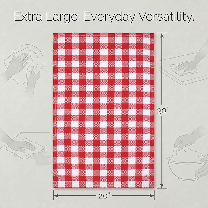Urban Villa Kitchen Towels 100% Cotton Dish Towels for Kitchen (Set of 6) 20”x30” Dish Cloths Highly Absorbent Kitchen Linen Set with Hanging Loop Perfect for Drying Dishes Cleaning – Red White