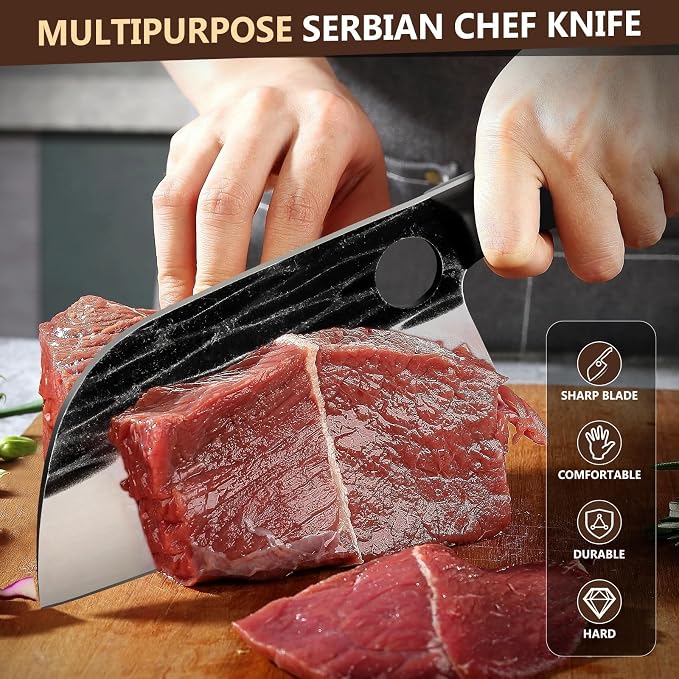 Huusk Serbian Chef Knife Hand Forged Meat Cleaver with Sheath High Carbon Steel Full Tang Knife Heavy Duty Butcher Knife for Kitchen or Camping Outdoor Christmas Gift for Men and Women