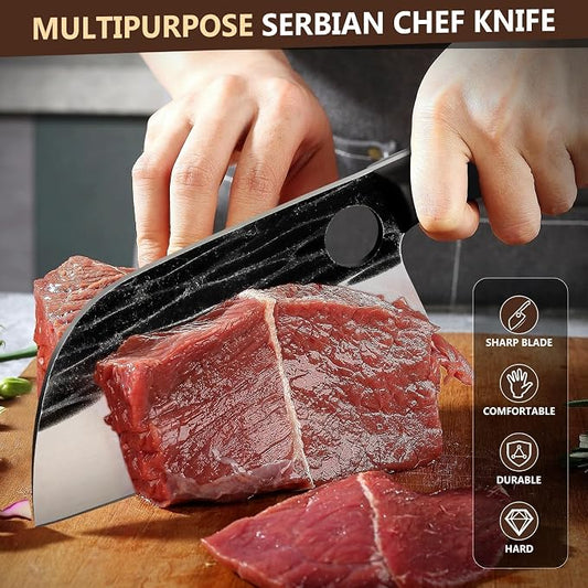 Huusk Serbian Chef Knife Hand Forged Meat Cleaver with Sheath High Carbon Steel Full Tang Knife Heavy Duty Butcher Knife for Kitchen or Camping Outdoor Christmas Gift for Men and Women