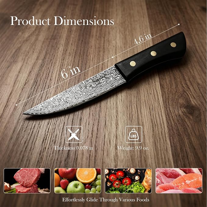 Chef Knife 6 Inch,Light Kitchen Knife, Ideal for All-Around Food Preparation with Damascus Steel Knife,Ultra Sharp Japanese Knife with Ergonomic Handle