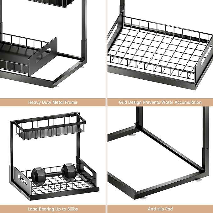 Under Sink Organizer and Storage, Slide Out Cabinet Organizer, Pull Out Sink Shelf for Kitchen Bathroom Laundry, Black, 1 Pack