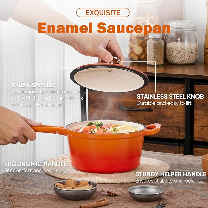 Homikit Small Cast Iron Pot, 2 QT Enameled Cast Iron Sauce Pan with Lid, Heavy Duty Enamel Dutch Oven Kitchen Cookware for Making Pasta, Boiling Soup, Warming Milk, Nonstick & Oven Safe, Flame Orange