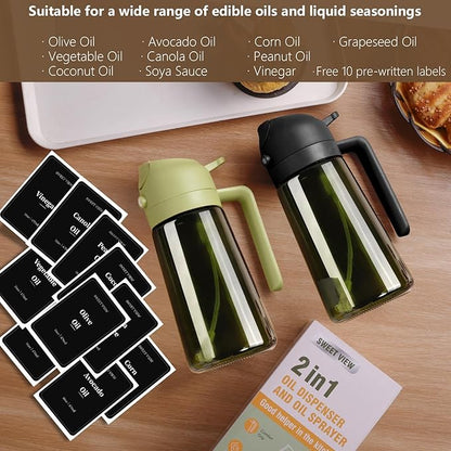 SWEET VIEW Olive Oil Dispenser and Oil Sprayer – 16oz/470ml Glass Light-Proof Oil Pourer for Kitchen Air Fryer, Cooking, Salad, and BBQ, with Stickers