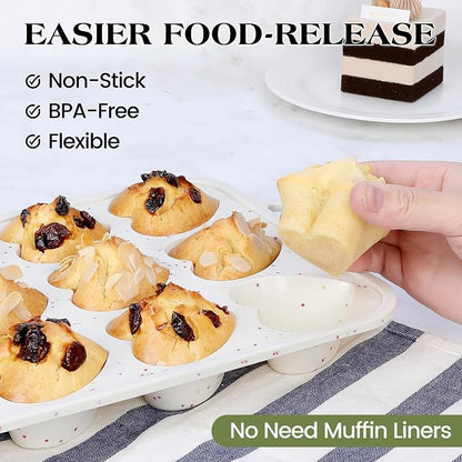 1 Pc Heart Shaped Muffin Pan with Metal Reinforced Frame 12 Cup Nonstick Silicone Heart Cake Mold for Baking 2.5 Inch Cupcake Tray (Cream)