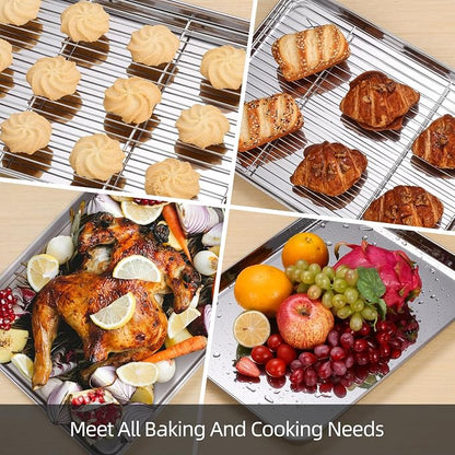 Amrules Baking Sheet with Cooling Rack Set of 6, 3 Premium Stainless Steel Cookie Sheets and 3 Wire Racks, Kitchen Nonstick Baking Pans Set Includes 3 Different Sizes, Heavy Duty Non Toxic