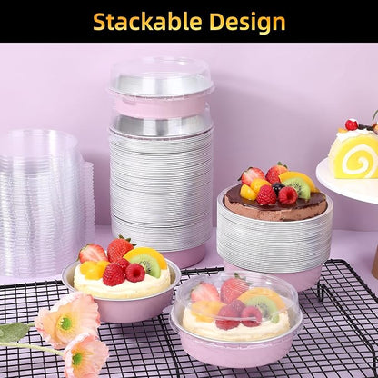 Beasea 7.3oz Mini Pie Pans with Lids, 120 Pack 4 Inch Disposable Creme Brulee Ramekins Small Aluminum Foil Pie Tart Cake Baking Tin Pans Cheesecake Containers for Party - Pastel Pink