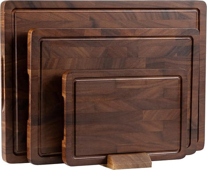 THETCHRY Walnut Wood Cutting Board Set, End Grain Cutting Boards for Kitchen with Handle, Non Toxic Wooden Charcuterie Boards Double Sided, Butcher Block for Meal Prep & Serving with Gift Box