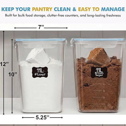 Shazo 2 PC (11L | 372 oz) Flour Sugar Storage Containers with Easy Carry Handle - Plastic Extra Large Food Storage Containers with Lids for Rice Cereal, BPA Free & Airtight Kitchen Pantry Organization