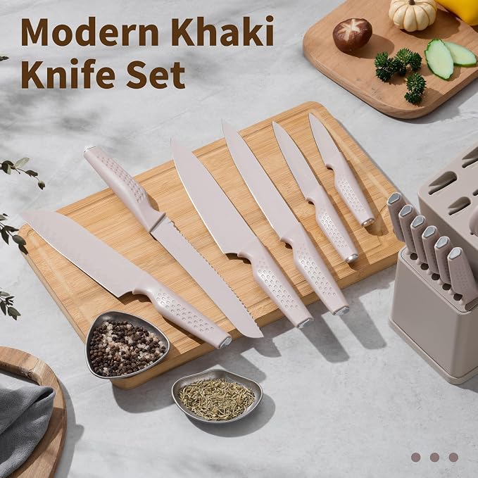 E-far Knife Set, 15-Piece Kitchen Knife Block Set with Sharpener, High Carbon Steel Chef Paring Steak Knives with Ergonomic Non-Slip Handle, Anti-Rust & Razor Sharp, Khaki