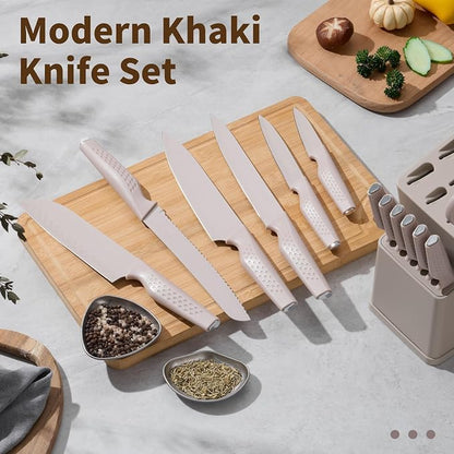 E-far Knife Set, 15-Piece Kitchen Knife Block Set with Sharpener, High Carbon Steel Chef Paring Steak Knives with Ergonomic Non-Slip Handle, Anti-Rust & Razor Sharp, Khaki
