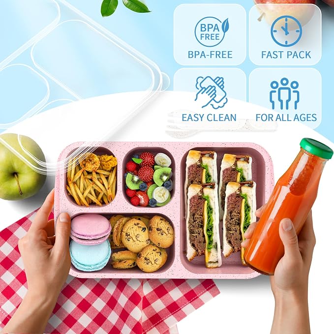 Bento Box 4-Pack 5-Compartment Meal Prep Containers, BPA-Free Plastic, Stackable Food Storage Lunch Boxes for Adults and Kids, School Work Travel (4 Colors)