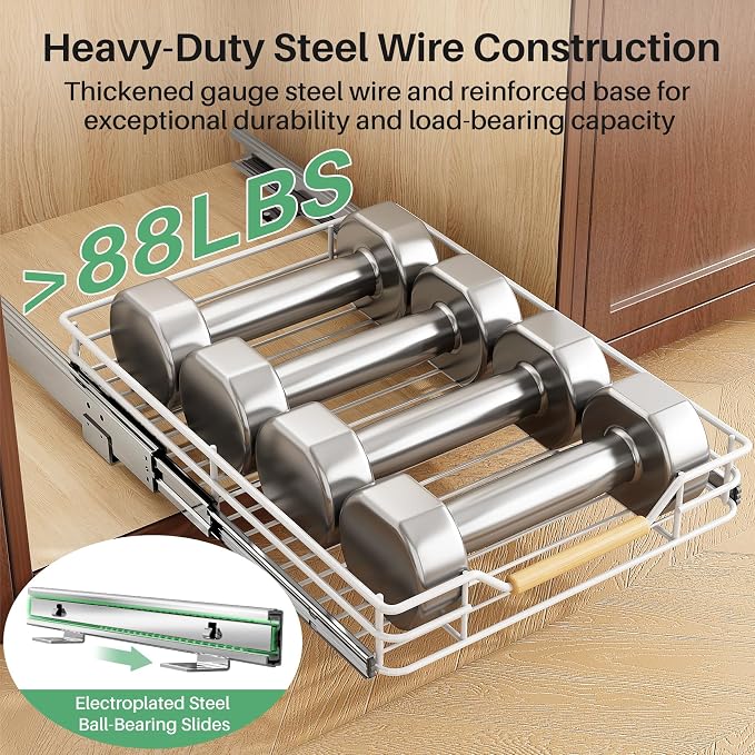 Pull out Cabinet Organizer, 12"W X 21"D, Heavy Duty Smooth Sliding Under Cabinet Shelves for Pots and Pans, Full-Extension Roll out Drawers, Slide out Organization for Home Kitchen Pantry, White