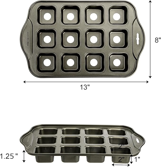 Tosnail 2 Pack 12 Cavity Mini Cheesecake Pan with Removable Bottom, All Edges Brownie Pans, Square Cupcake Muffin Pan, Small Bread Loaf Mold - Square