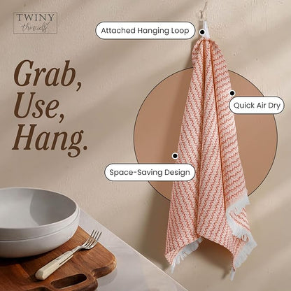 TWINY threads Kitchen Dish Towel Chevron Weave, Premium Large 100% Cotton Kitchen Linen Set, Dish Rags and Wash Rags, Absorbent Quick Drying, Washable Reusable, Pack of 4, 16 x 26 Inch, Rust