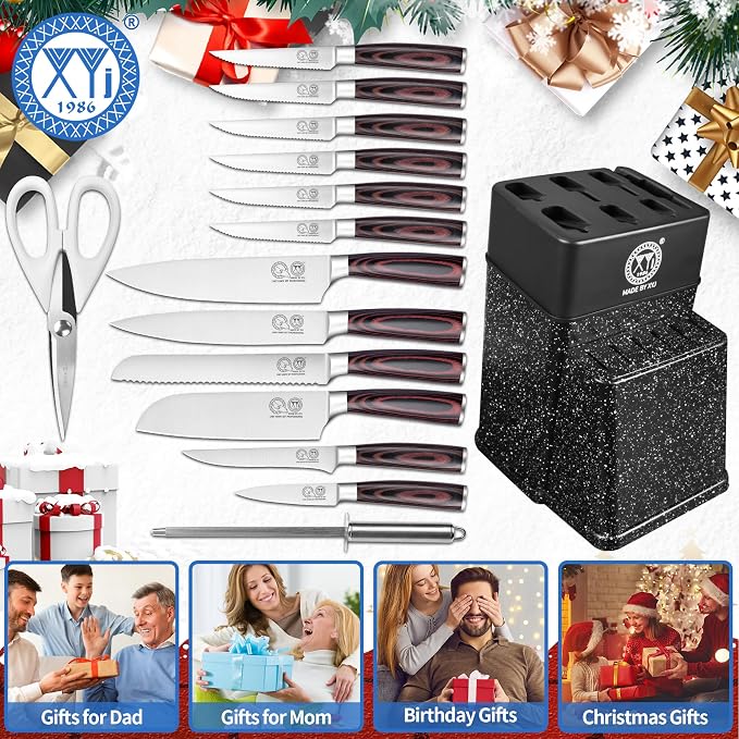 XYJ Authentic Since 1986, Knife Block Set, Kitchen Knives Set With Holder, Scissors, Professional Japanese Chef Knife Set, Paring Bread Carving Slicing Knife, Steak Knives
