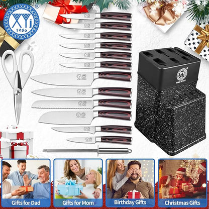 XYJ Authentic Since 1986, Knife Block Set, Kitchen Knives Set With Holder, Scissors, Professional Japanese Chef Knife Set, Paring Bread Carving Slicing Knife, Steak Knives