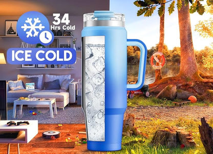 Meoky 40 oz Tumbler with Handle and Straw, Insulated Tumbler with Lid and Straw, Stainless Steel Travel Mug, Keeps Cold for 34 Hours, 100% Leak Proof, Fits in Car Cup Holder (Sky)