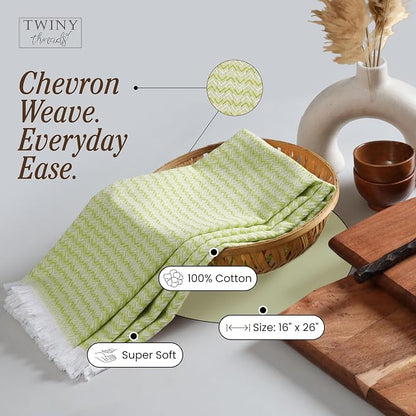 TWINY threads Kitchen Towel Chevron Weave, 12 Pack, Premium Large 100% Cotton Kitchen Linen Set, Absorbent Quick Drying Dish Rags for Drying Dishes, Multi Purpose Washable Towel, 16"x26", Lemon Green