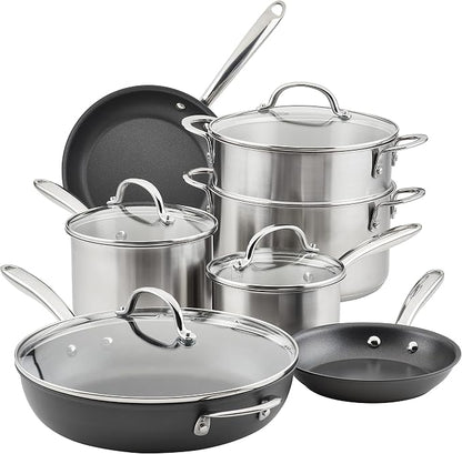 Rachael Ray 70033 Professional Stainless Steel/Hard Anodized Nonstick Cookware Pots and Pans Set, 11 Piece - Gray and Silver