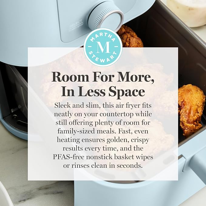 Martha Stewart 6QT Air Fryer, 6-in-1, Bake, Broil, Roast, Air Fry, Dehydrate, Reheat, Ceramic Non-Stick Basket, Crispy Results Fast, 400°F Max Temp, Shake Reminder, Sky Blue