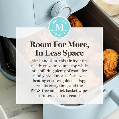Martha Stewart 6QT Air Fryer, 6-in-1, Bake, Broil, Roast, Air Fry, Dehydrate, Reheat, Ceramic Non-Stick Basket, Crispy Results Fast, 400°F Max Temp, Shake Reminder, Sky Blue