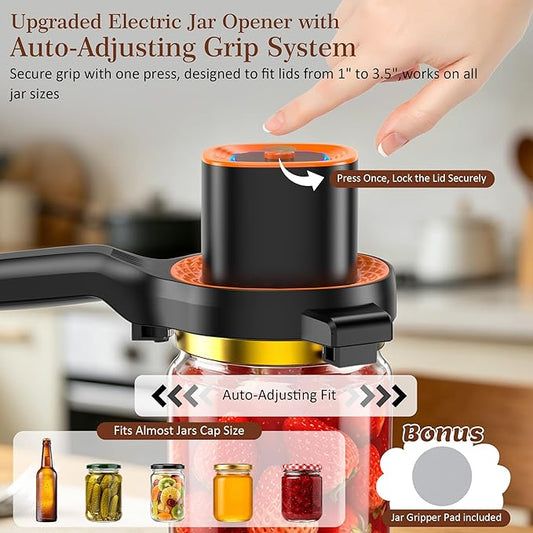 Electric Jar Opener for Seniors with Auto-Adjusting Gripper, Rechargeable Jar & Bottle Openers for Weak Hands & Arthritis, Easy Twist Off Lid Opener with Rubber Gripper Pad, Fits 1"-3.5" Lids(Orange)