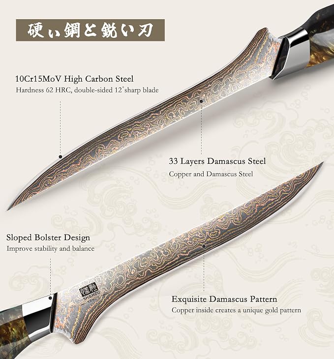 SHAN ZU Damascus Fillet Knife 7 Inch, Japanese Boning Knife Copper & Damascus Steel High Carbon 33 Layer Hand Forged, Ultra Sharp Carving Knives with Maple Wood Handle