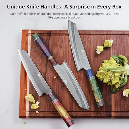 FINDKING 8 Inch Kiritsuke Chef Knife, Japanese-Style Kitchen Knife with 7-Layer 440C Clad Steel Blade, Colorful Stabilized Wood Octagonal Handle, Versatile for Slicing, Chopping, Dicing and Meal Prep