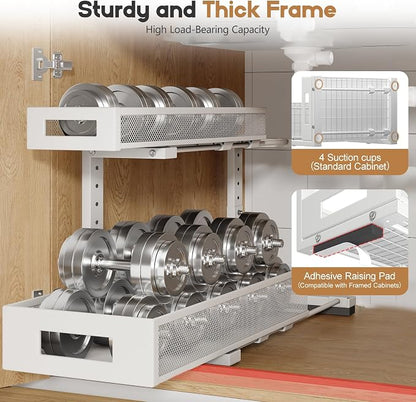 2 Pack 19IN Depth Under Sink Storage Organizer, Large 2-Tier Elegant Mesh Pull Out Shelf for Kitchen and Bathroom Cabinet Organization, L-Shaped and Adjustable Height Design-White
