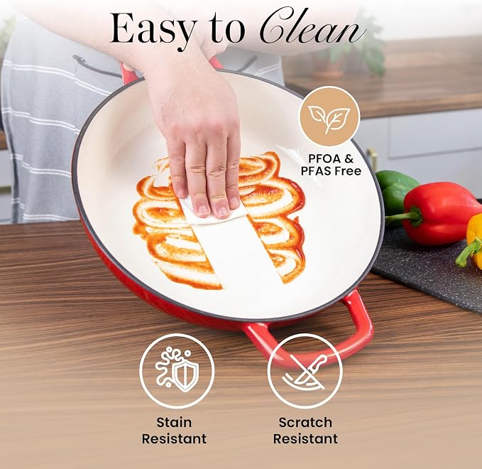 Shallow Cast Iron Casserole with Lid – Non Stick Dutch Oven Pot, Oven Safe up to 500° F – Sturdy Ovenproof Stockpot Cookware – Enamelled Cooking Pot – Red, 5-Quart, 32cm – by Nuovva