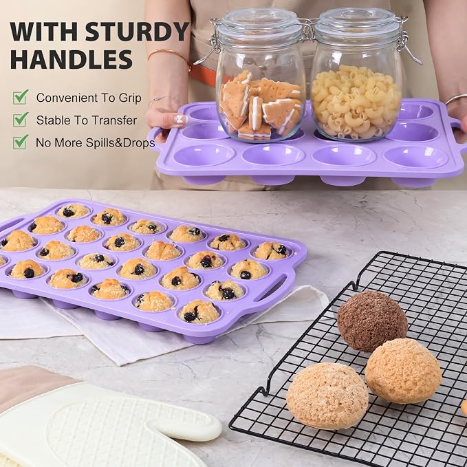 2 Pack Silicone Muffin Pan 12 and 24 Cup with Metal Frame, Non Stick Silicone Mini Cupcake Pan with Handles, BPA Free Silicon Regular Muffin Tin Tray Small for baking, egg bites, Mold Purple
