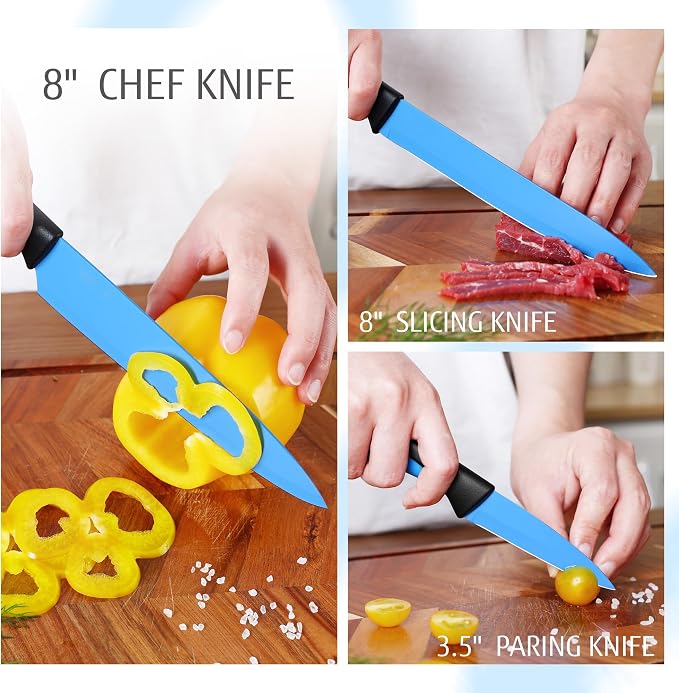 hecef 14 Pieces Kitchen Knife Set with Built-in Sharpening Wooden Block, Dishwasher Safe, High Carbon Stainless Steel Knife Block Set with Steak Knives, Kitchen Scissors (Blue)
