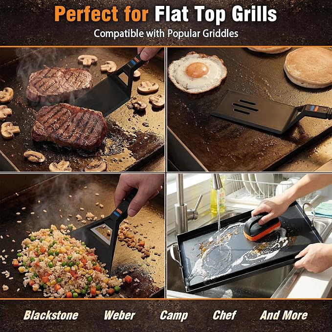 Utheer Griddle Tool Kit 5-Piece, Nonstick Safe Nylon Griddle Accessories with Stainless Steel Core, Nonstick Safe Flat Top Grill Tools Set with Spatulas, Scraper, Cleaning Brush with Replaceable Head