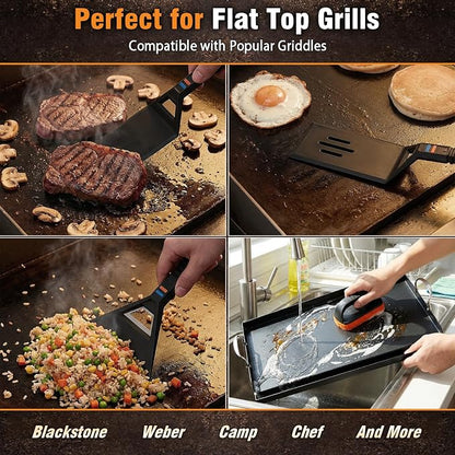 Utheer Griddle Tool Kit 5-Piece, Nonstick Safe Nylon Griddle Accessories with Stainless Steel Core, Nonstick Safe Flat Top Grill Tools Set with Spatulas, Scraper, Cleaning Brush with Replaceable Head
