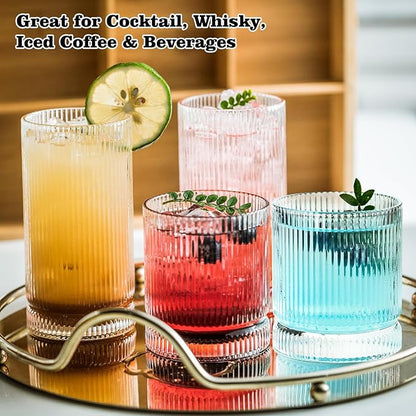KEMORELA Drinking Glasses Set of 8, Ribbed Glassware, 13 Oz Old Fashioned Whiskey Glass, Vintage Glassware, Origami Style Cocktail Glasses, Clear Bar Glasses for Iced Coffee & Beverages (8PCS)