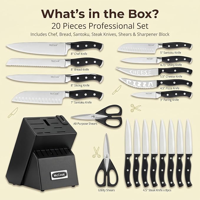 McCook® Knife Sets,German Stainless Steel Kitchen Knife Block Set with Built-in Sharpener, 20-Piece Razor-Sharp Kitchen Knives, Forged Triple Rivet,Full Tang,Ergonomic Handle,Elegant Box for Gift