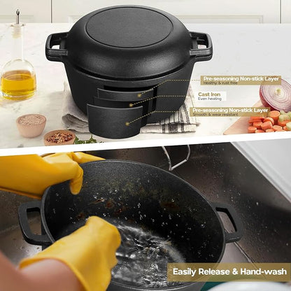 TeamFar Pre-season Cast Iron Dutch Oven with Skillet Lid, 2-in-1 Cast Iron Bread Pan Skillet Cookware with Dual Handles for Bread Baking, Frying, Camping, 5QT