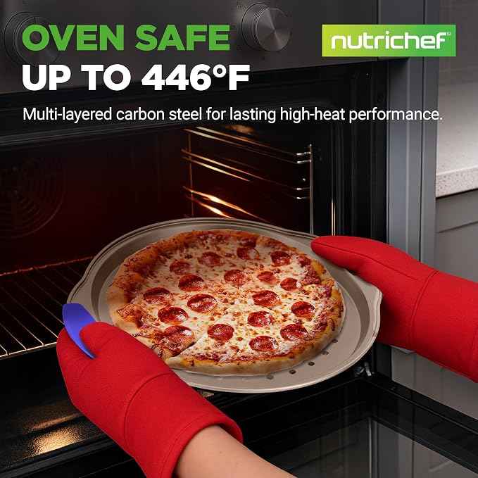 NutriChef 13-Inch Non-Stick Pizza Tray - with Silicone Handle, Round Steel Non-stick Pan with Perforated Holes, Premium Bakeware, Pizza Tray with Extended Handles, Dishwasher Safe - Champagne Gold