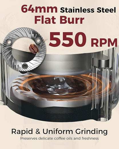 Tuni G3 64mm Flat Burr Coffee Grinder, 100 Grind Settings Electric Espresso Grinder with Single Dose Set | Commercial Grade Precision, Touchscreen | Anti-Static Tech | Stainless Steel (Silver)