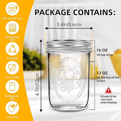 Miuyhji Wide Mouth Mason Jars 16 oz with Lids [2 Pack], Canning Jars with Metal Airtight Lids and Bands, 16 oz Glass Jars for Fermenting, Pickling, Freezing, Preserving, Meal Prep, Jar Décor